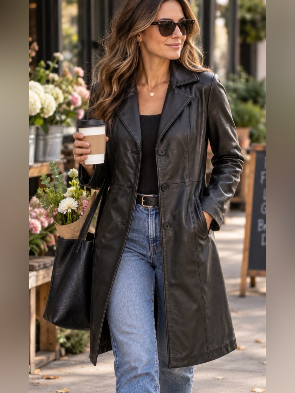 Wilsons Leather New York Genuine Leather Long Trench Coat Black
